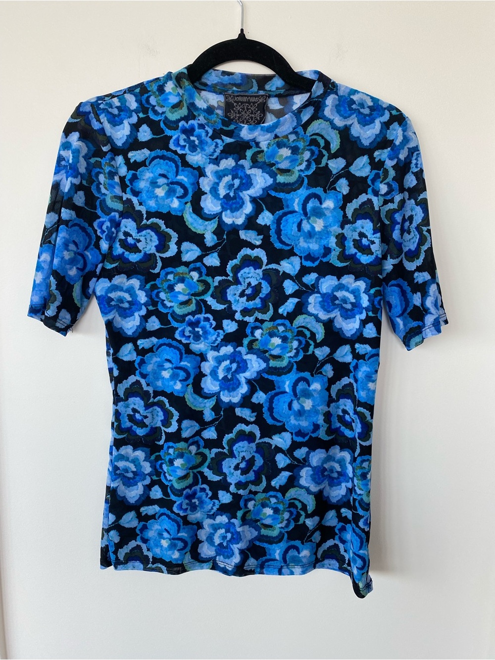 Johnny Was Blue Floral Short Sleeve Mesh Top
